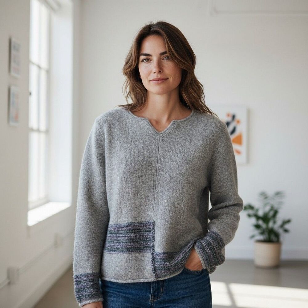 J. Jill Lambswool Angora Sweater Gray Striped Bohemian Knit Women’s Size M